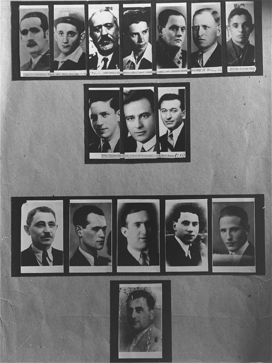A series of photographs of Jews killed during the Iasi pogrom.

Among those pictured here is: Sami Goldner (top left), Ezra Goldner (to the right of Sami), Heinrich Goldstein (to the right of Ezra), Iosef Goldstein (top row; third to the right), Iancu Izu (top row; fourth to the left), Rizel Avram (top row; second to the right), Herman B. Leibovici (top right), Iosef Finchelstein (second row; left), Iulius Strauch (second row; middle), and Heiner Caufman (third row; second to the right).