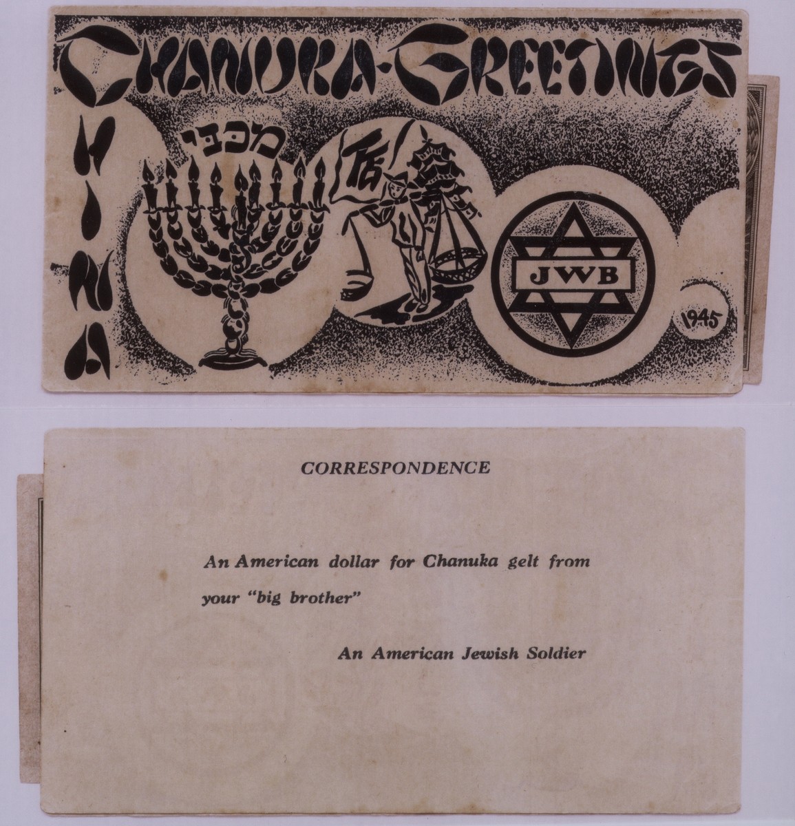 A Hanukkah card in English, Hebrew, and Chinese which originally contained one American dollar.  These cards were given to Jewish refugee children living in Shanghai by "big brothers" in the American Army.