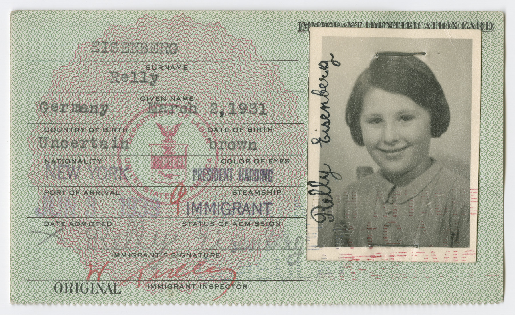 United States Immigrant Identification Card issued to Relly Eisenberg.

It states she was born in Germany though she was born in Vienna.