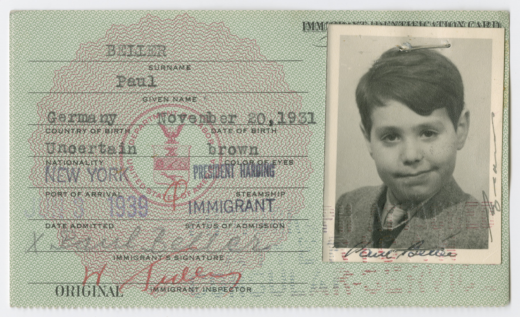 United States Immigrant Identification Card issued to Paul Beller.

It states he was born in Germany though he was born in Vienna.