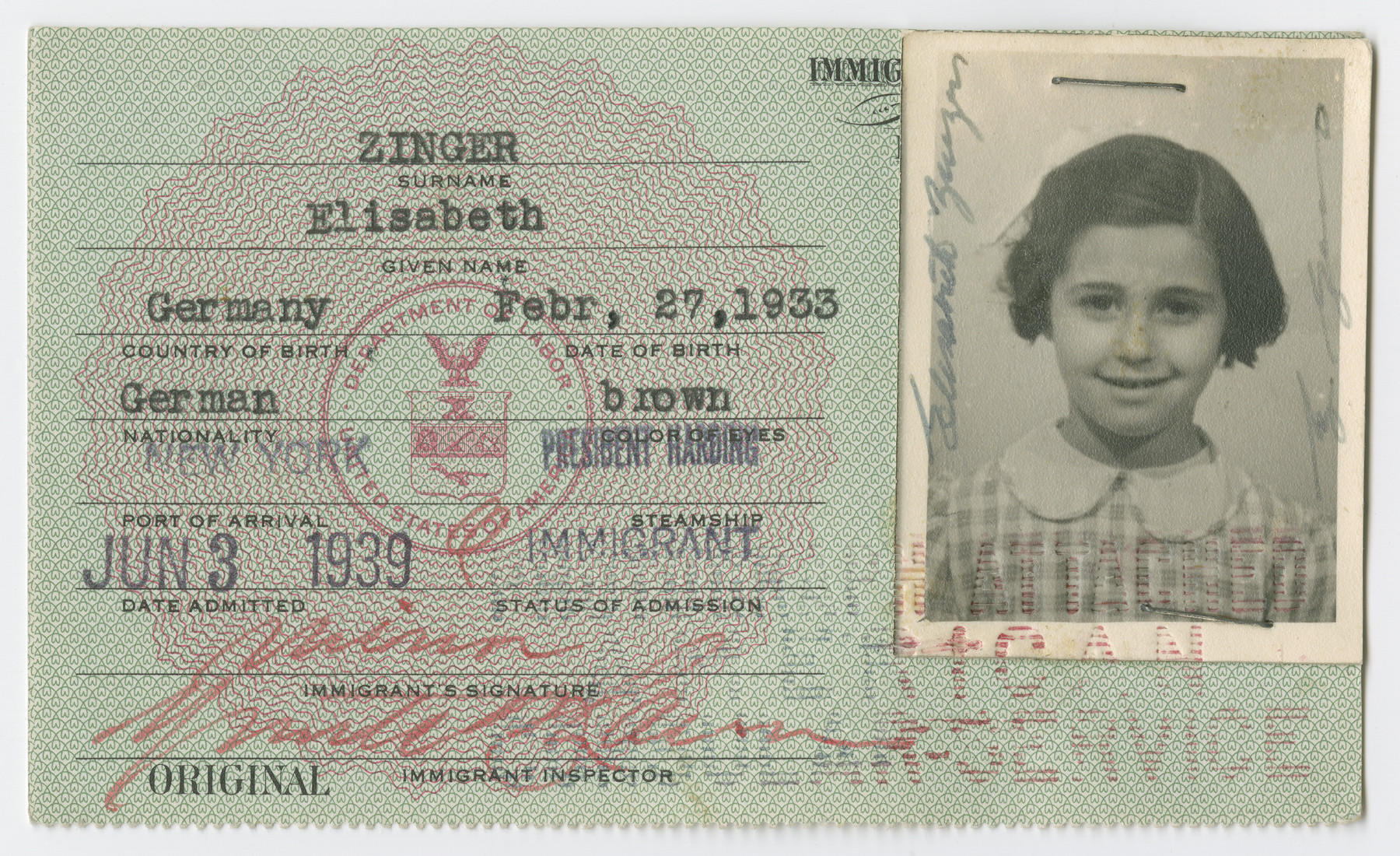 United States Immigrant Identification Card issued to Elisabeth Zinger

It states she was born in Germany though she probably was born in Vienna.
