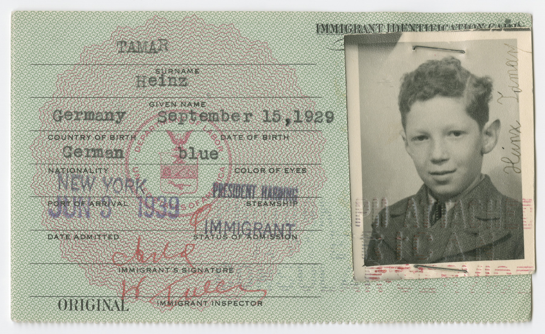 United States Immigrant Identification Card issued to Heinz Tamar.

It states he was born in Germany though he was born in Vienna.