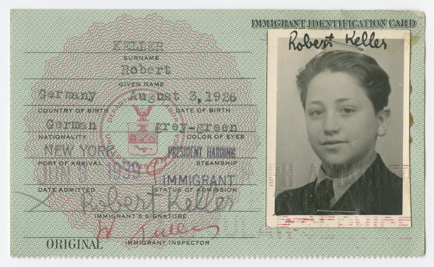 United States Immigrant Identification Card issued to Robert Keller.

It states he was born in Germany though he was born in Vienna.