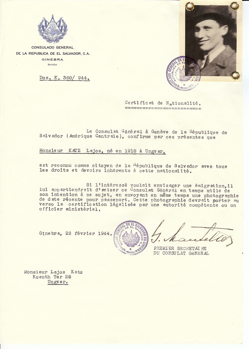 Unauthorized Salvadoran citizenship certificate issued to Lajos Katz (b. 1918 in Uzhorod) by George Mandel-Mantello, First Secretary of the Salvadoran Consulate in Switzerland and sent to his residence in Uzhorod.

His brother Joe was studying at the yeshiva in Montreux, Switzerland and requested the certificate.  Lajos Katz survived the Holocaust.