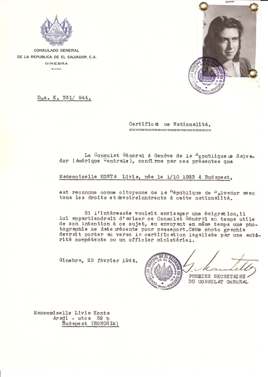 Unauthorized Salvadoran citizenship certificate issued to Livia Konta (b. October 1, 1923 in Budapest) by George Mandel-Mantello, First Secretary of the Salvadoran Consulate in Switzerland and sent to her residence in Budapest.