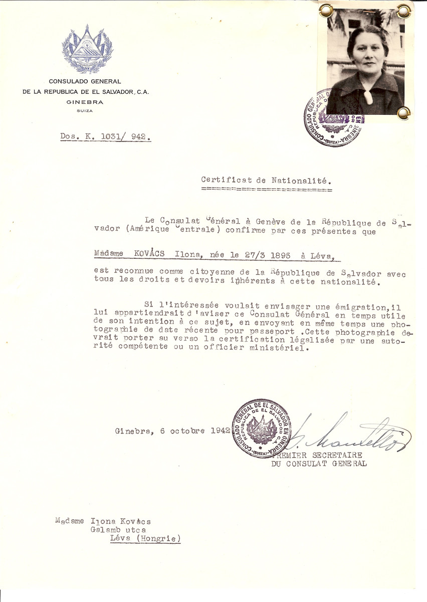 Unauthorized Salvadoran citizenship certificate issued to Ilona Kovacs (b. March 27, 1895 in Levice) by George Mandel-Mantello, First Secretary of the Salvadoran Consulate in Switzerland and sent to her residence in Levice.