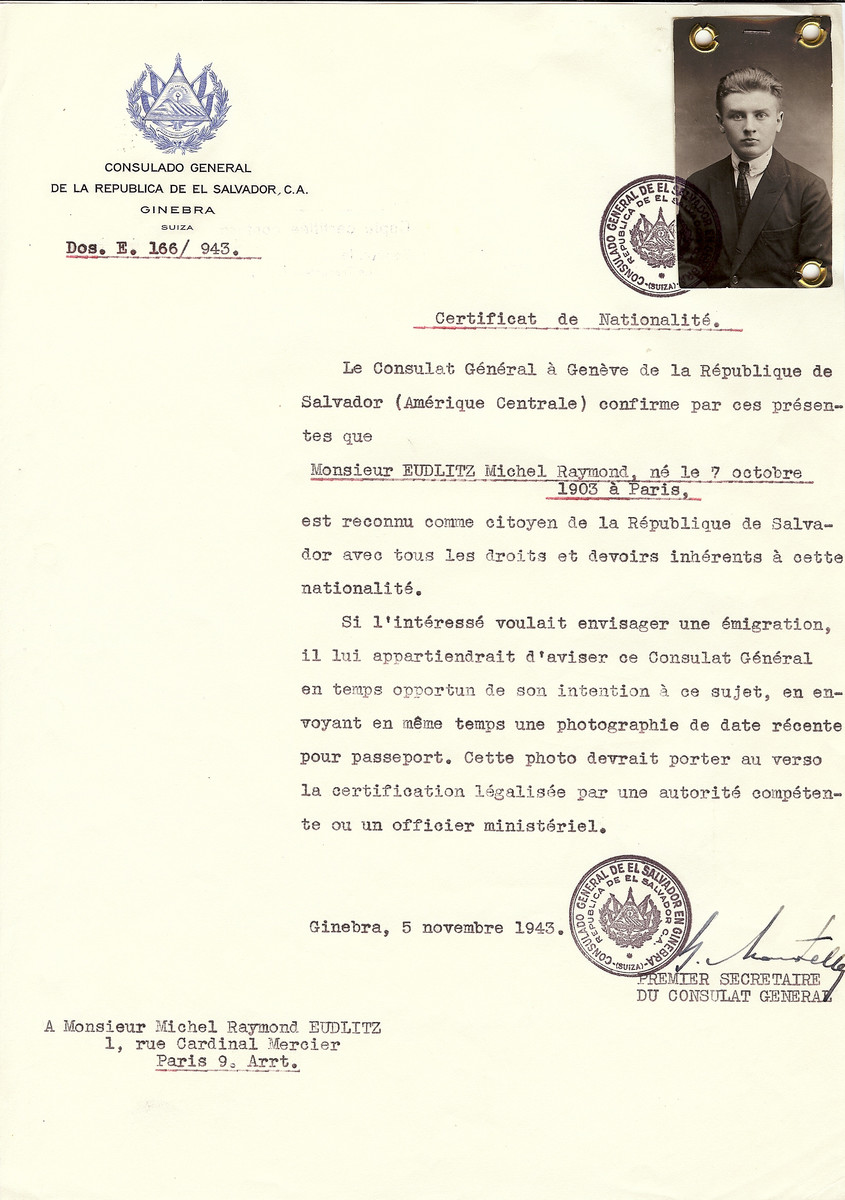 Unauthorized Salvadoran citizenship certificate issued to Michel Raymond Eudlitz (b. October 7, 1903 in Paris) by George Mandel-Mantello, First Secretary of the Salvadoran Consulate in Switzerland, and sent to his residence in Paris.