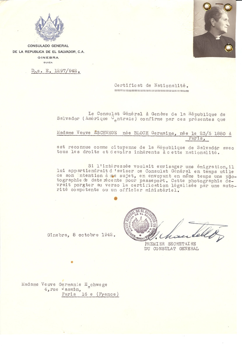 Unauthorized Salvadoran citizenship certificate issued to Germaine (nee Bloch) Eschwege (b. May 23, 1880 in Paris) by George Mandel-Mantello, First Secretary of the Salvadoran Consulate in Switzerland, and sent to her residence in Paris.