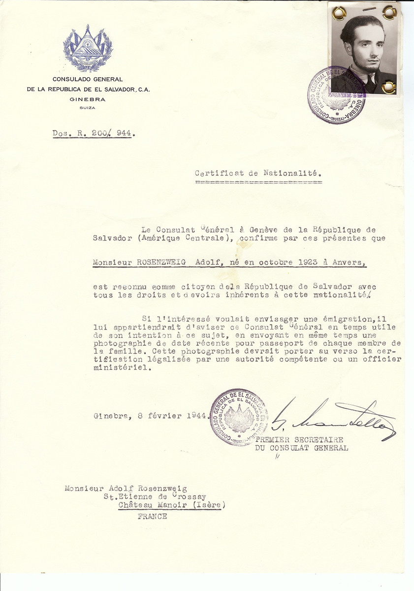 Unauthorized Salvadoran citizenship certificate issued to Adolf Rosenzweig (b. September 10, 1923 in Antwerp) by George Mandel-Mantello, First Secretary of the Salvadoran Consulate in Switzerland and sent to him at the Chateau Manoir children's home in St. Etienne de Crossey. 

Chateau Manoir served as a religious children's home under the supervision of Rabbi Zalman Schneersohn.
