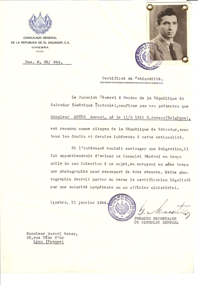 Unauthorized Salvadoran citizenship certificate issued to Marcel Oster (b. June 11, 1911 in Antwerp) by George Mandel-Mantello, First Secretary of the Salvadoran Consulate in Switzerland and sent to his residence in Lyon.