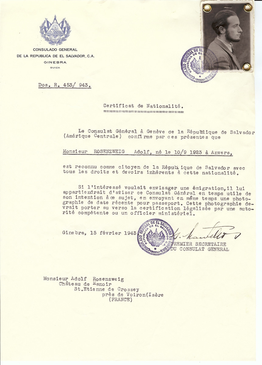 Unauthorized Salvadoran citizenship certificate issued to Adolf Rosenzweig (b. September 10, 1923 in Antwerp) by George Mandel-Mantello, First Secretary of the Salvadoran Consulate in Switzerland and sent to him in the Chateau de Manoir in St. Etienne de Crossey.

Chateau Manoir served as a religious children's home under the supervision of Rabbi Zalman Schneersohn.