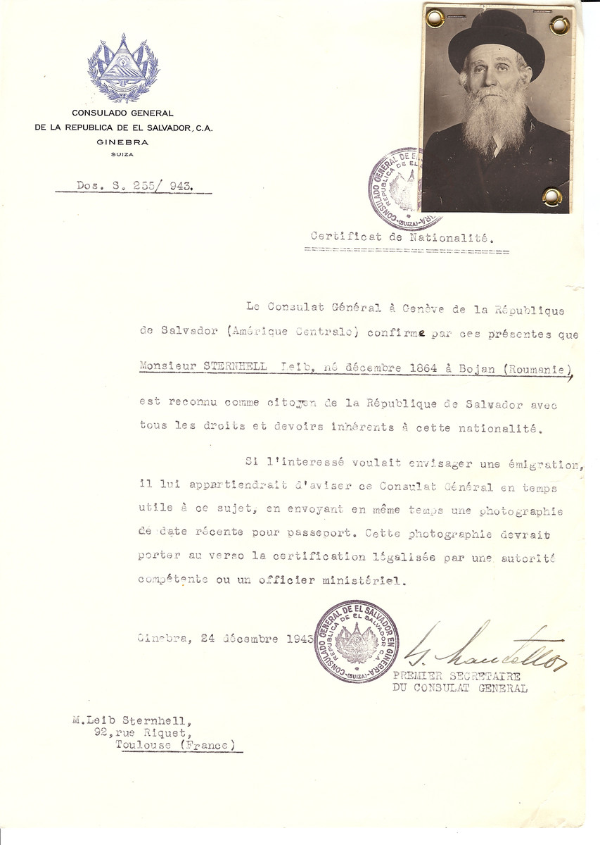 Unauthorized Salvadoran citizenship certificate issued to Leib Sternhell (b. December 1864 in Bojan, Romania) by George Mandel-Mantello, First Secretary of the Salvadoran Consulate in Switzerland and sent to his residence in Toulouse.