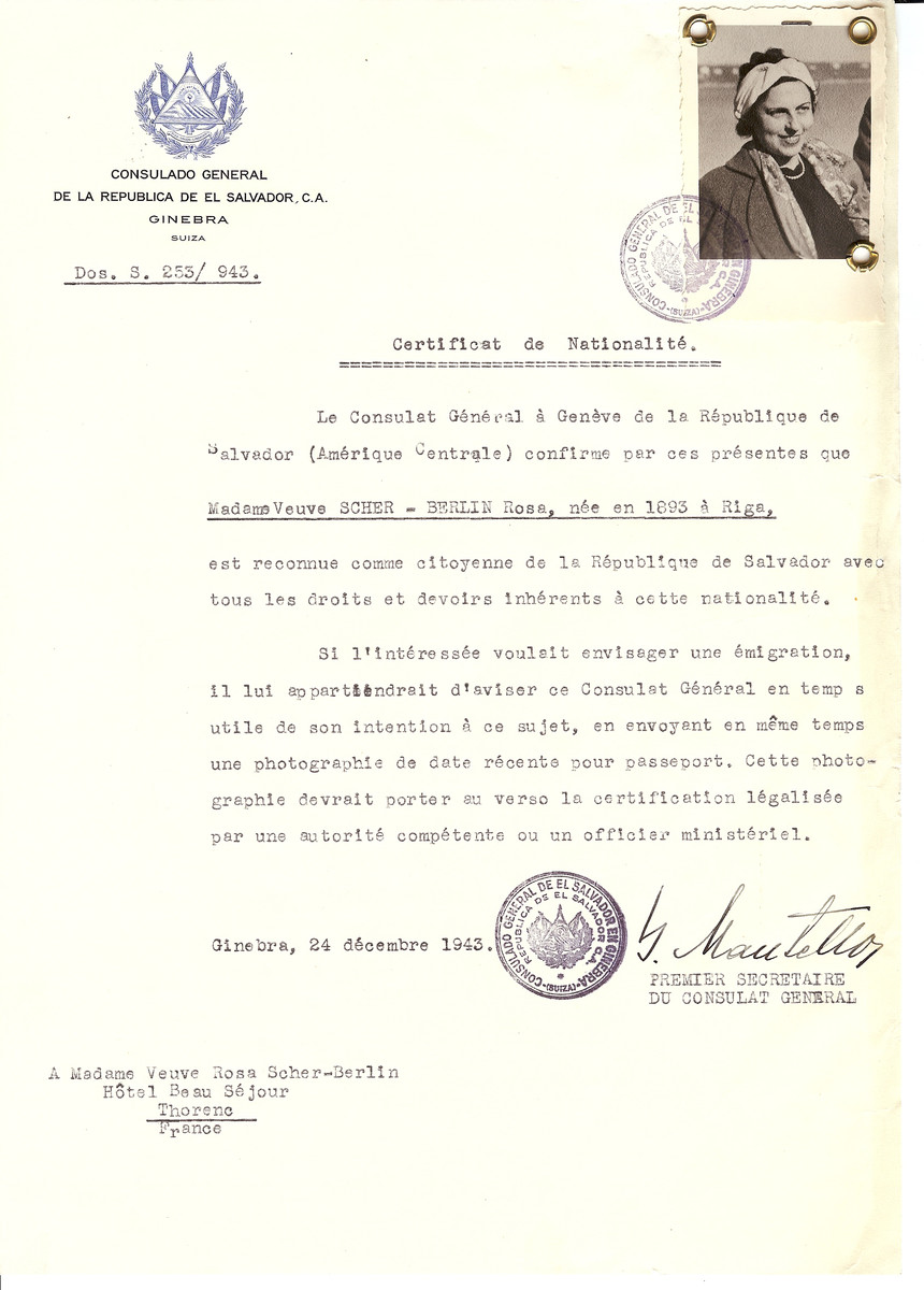 Unauthorized Salvadoran citizenship certificate issued to Rosa Scher Berlin (b. 1893 in Riga) by George Mandel-Mantello, First Secretary of the Salvadoran Consulate in Switzerland and sent to her residence in Thorenc.