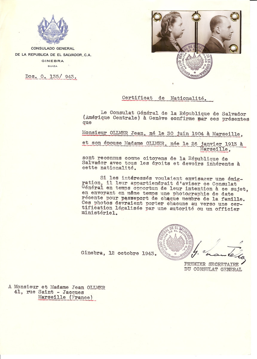 Unauthorized Salvadoran citizenship certificate issued to Jean Ollmer (b. June 30, 1904 in Marseille) and his wife (b. January 26, 1913 in Marseille) by George Mandel-Mantello, First Secretary of the Salvadoran Consulate in Switzerland and sent to his residence in Marseille.