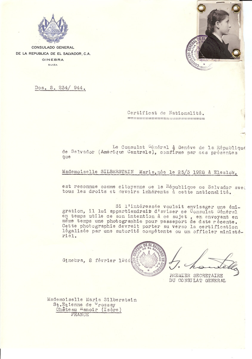 Unauthorized Salvadoran citizenship certificate issued to Maria Silberstein (b. March 25, 1928 in Eleslok) by George Mandel-Mantello, First Secretary of the Salvadoran Consulate in Switzerland and sent to her residence in the Chateau Manoir children's home. 

Chateau Manoir served as a religious children's home under the supervision of Rabbi Zalman Schneersohn.