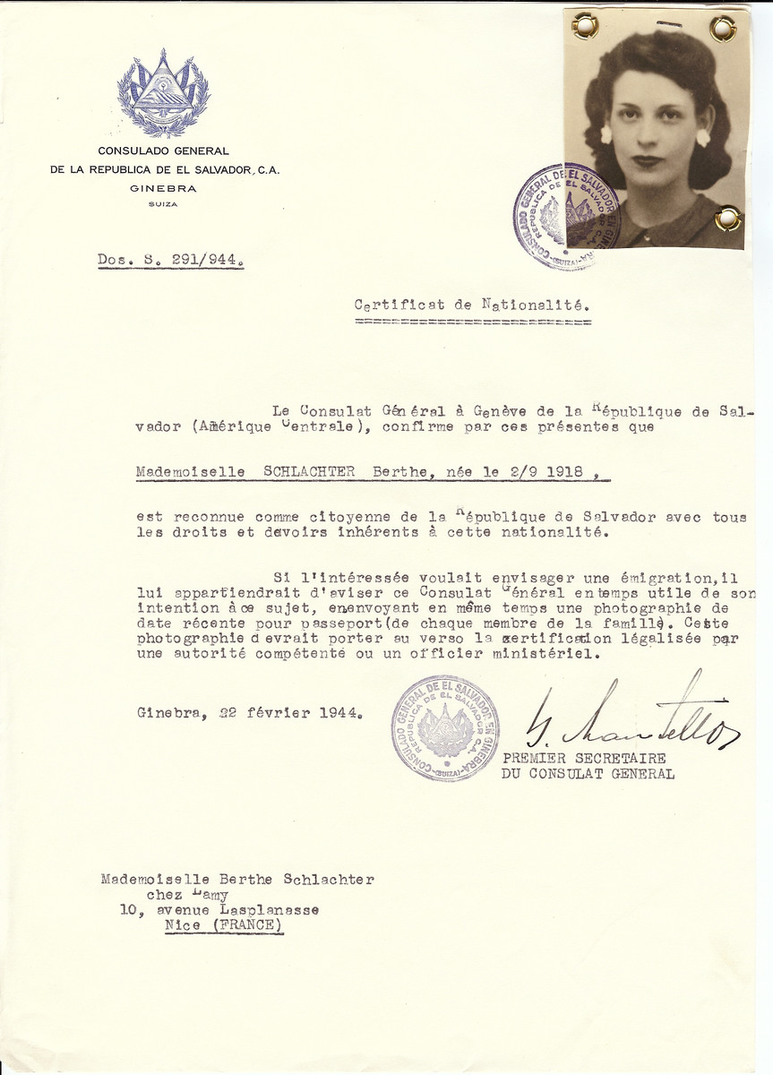 Unauthorized Salvadoran citizenship certificate issued to Berthe Schlachter (b. September 2, 1918) by George Mandel-Mantello, First Secretary of the Salvadoran Consulate in Switzerland and sent to her residence in Nice.