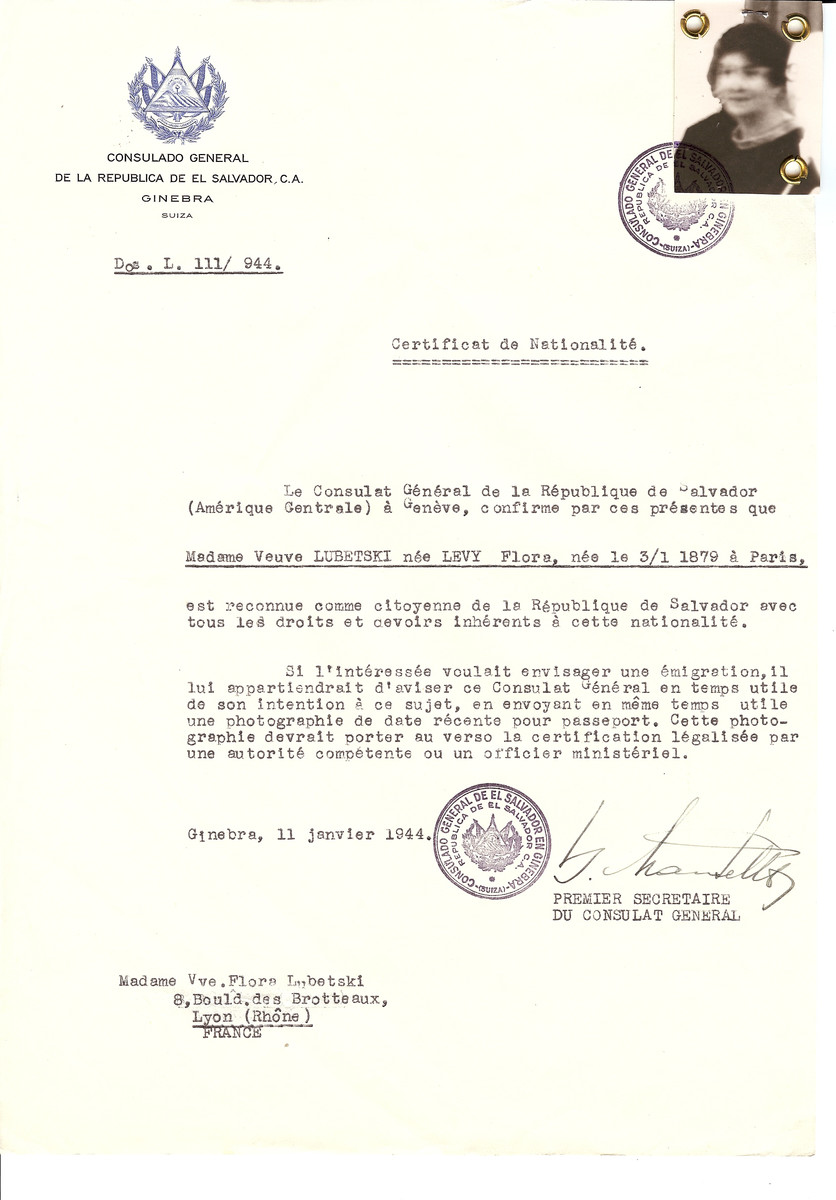 Unauthorized Salvadoran citizenship certificate issued to Flora (nee Levy) Lubetski (b. January 3, 1879 in Paris) by George Mandel-Mantello, First Secretary of the Salvadoran Consulate in Switzerland and sent to her residence in Lyon.