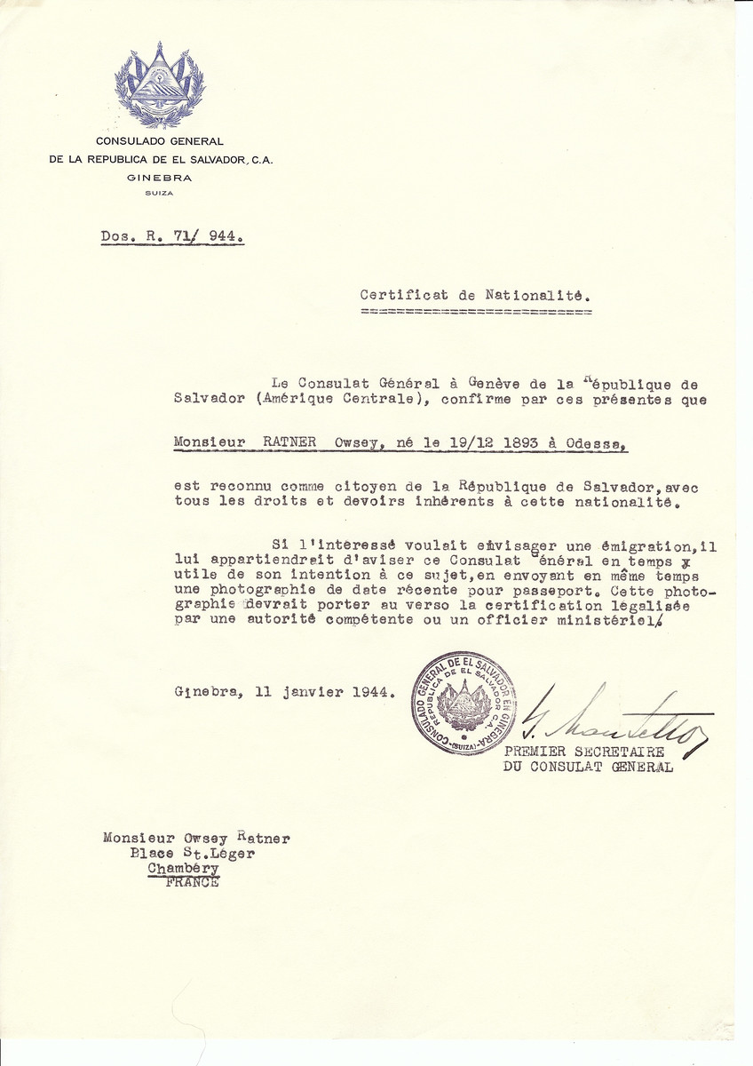 Unauthorized Salvadoran citizenship certificate issued to Owsey Ratner (b. December 19, 1893 in Odessa) by George Mandel-Mantello, First Secretary of the Salvadoran Consulate in Switzerland and sent to his residence in Chambery.