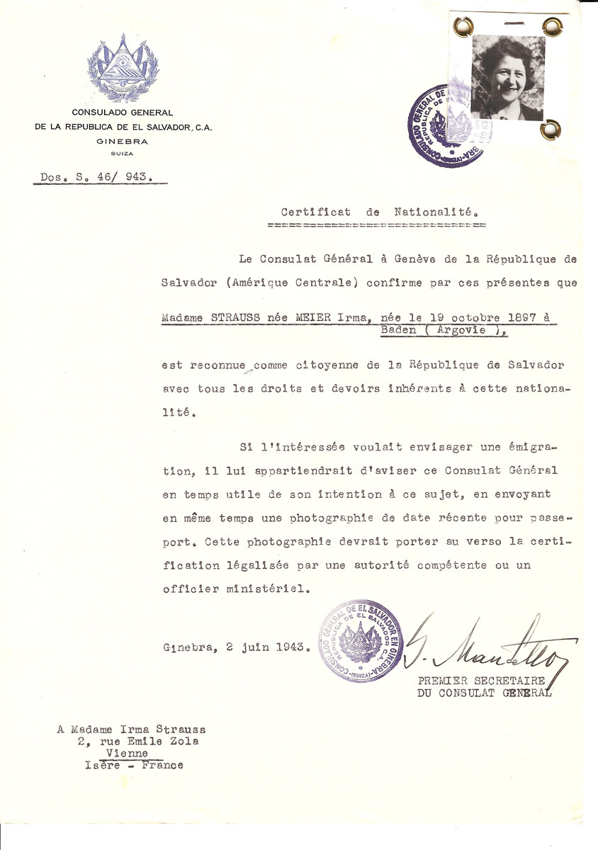 Unauthorized Salvadoran citizenship certificate issued to Irma (nee Meier) Strauss (b. October 19, 1897 in Baden) by George Mandel-Mantello, First Secretary of the Salvadoran Consulate in Switzerland and sent to her residence in Vienne.