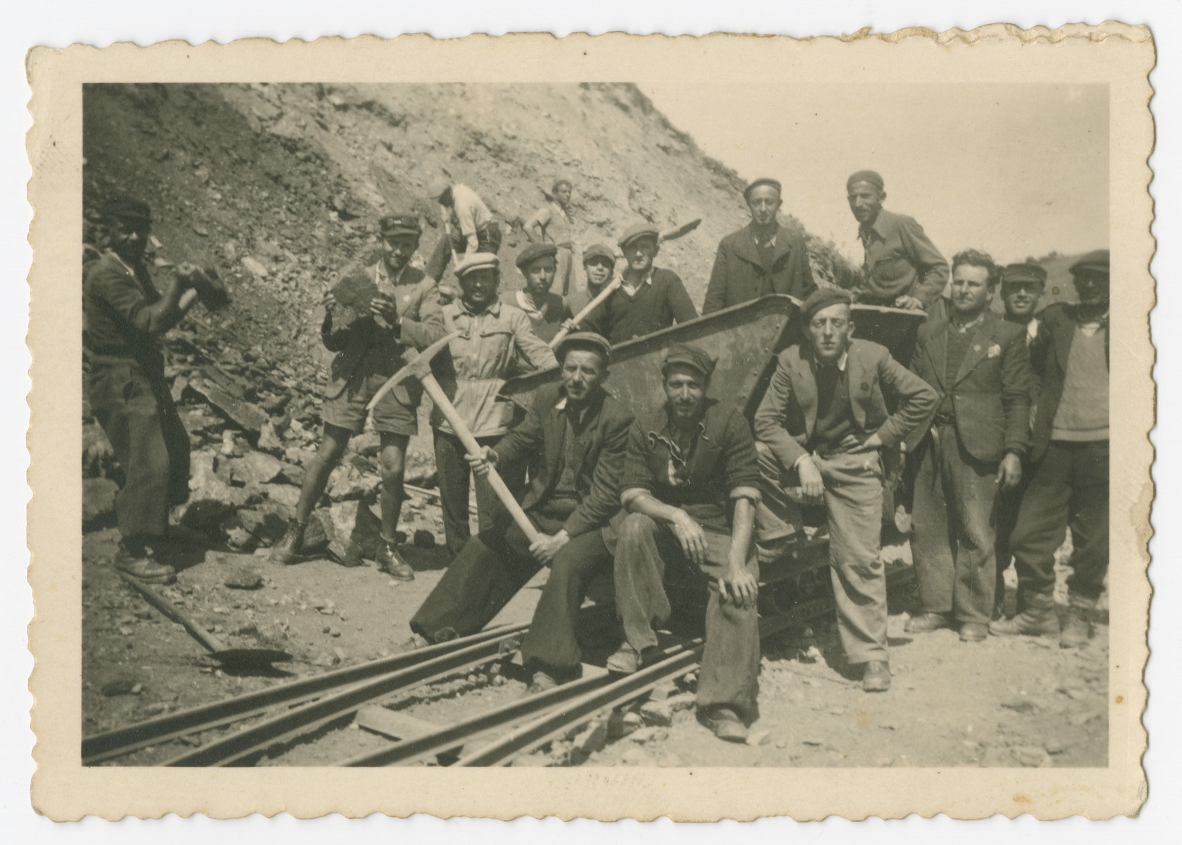 Internees construct train tracks in a Bulgarian labor camp.