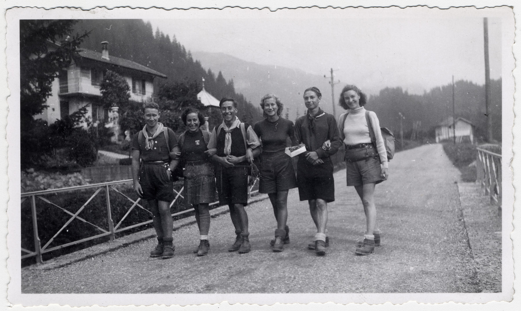Members of the Eclaireurs Israelites go hiking in the French countryside in Saint Gervais les Condamines.

Enri Moskow is pictured on the far left.