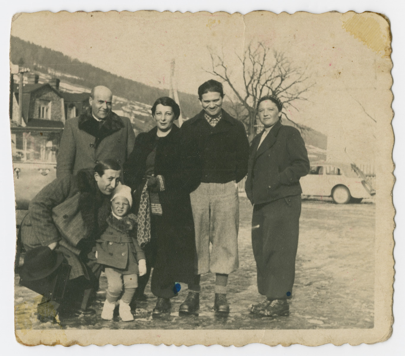 A group of friends pose while on an excursion in prewar Poland.

Alexander and Jurek Ogurek are at the front left.  Karola Ogurek is standing in the center.