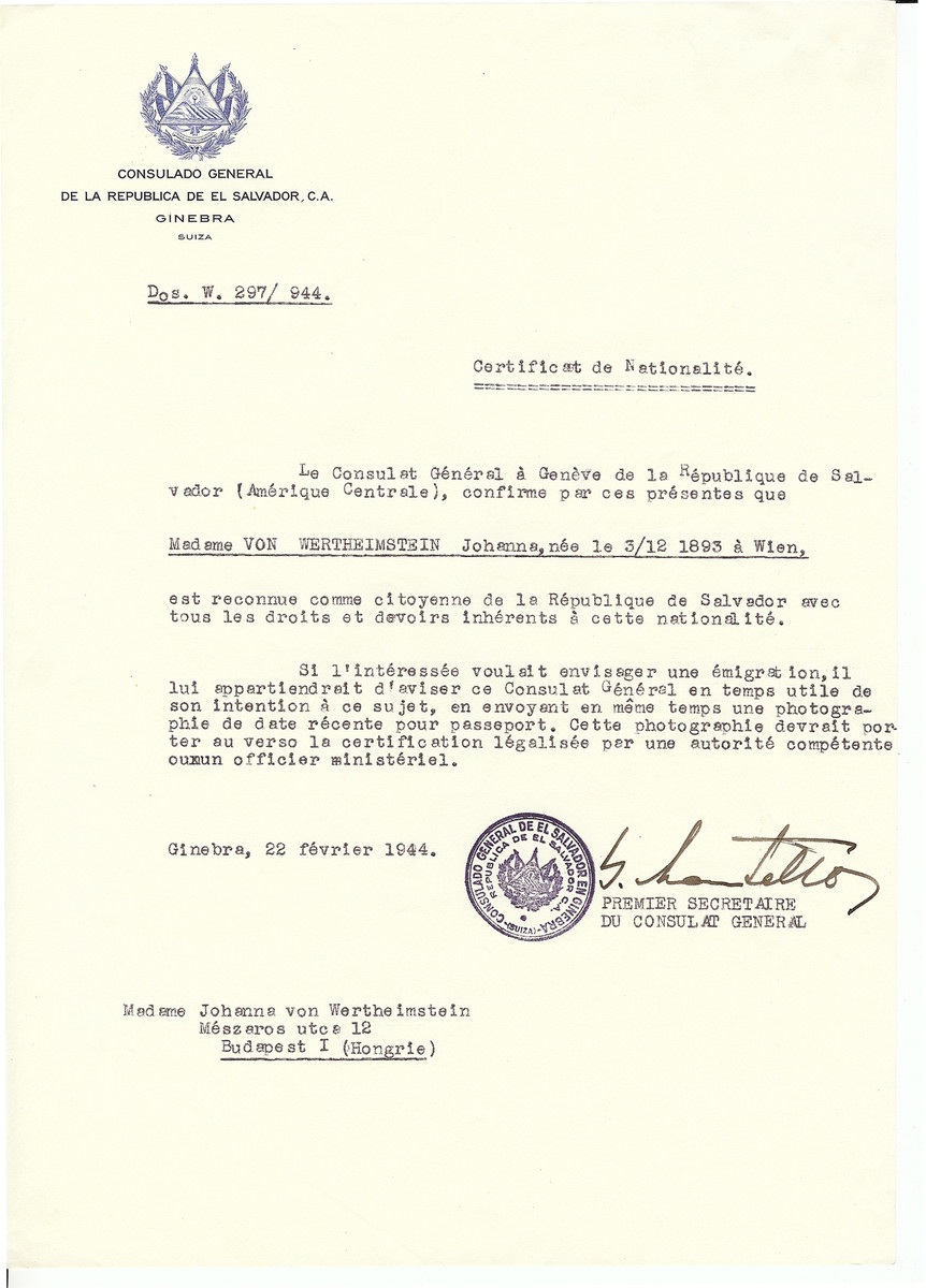 Unauthorized Salvadoran citizenship certificate issued to Johanna von Wertheimstein (b. December 3, 1893 in Vienna) by George Mandel-Mantello, First Secretary of the Salvadoran Consulate in Geneva and sent to her in Budapest.
