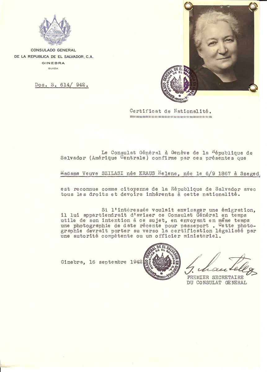 Unauthorized Salvadoran citizenship certificate issued to Helene (nee Kraus) Szilasi (b. September 6, 1867 in Szeged) by George Mandel-Mantello, First Secretary of the Salvadoran Consulate in Geneva.