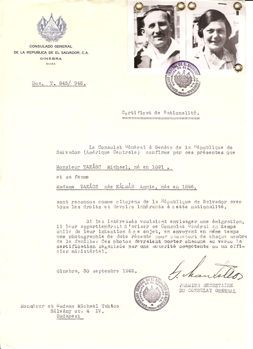 Unauthorized Salvadoran citizenship certificate issued to Michael Takasc (b. 1891) and his wife Annie (nee Kalman) Takacs (b. 1896) by George Mandel-Mantello, First Secretary of the Salvadoran Consulate in Geneva, and sent to them in Budapest.