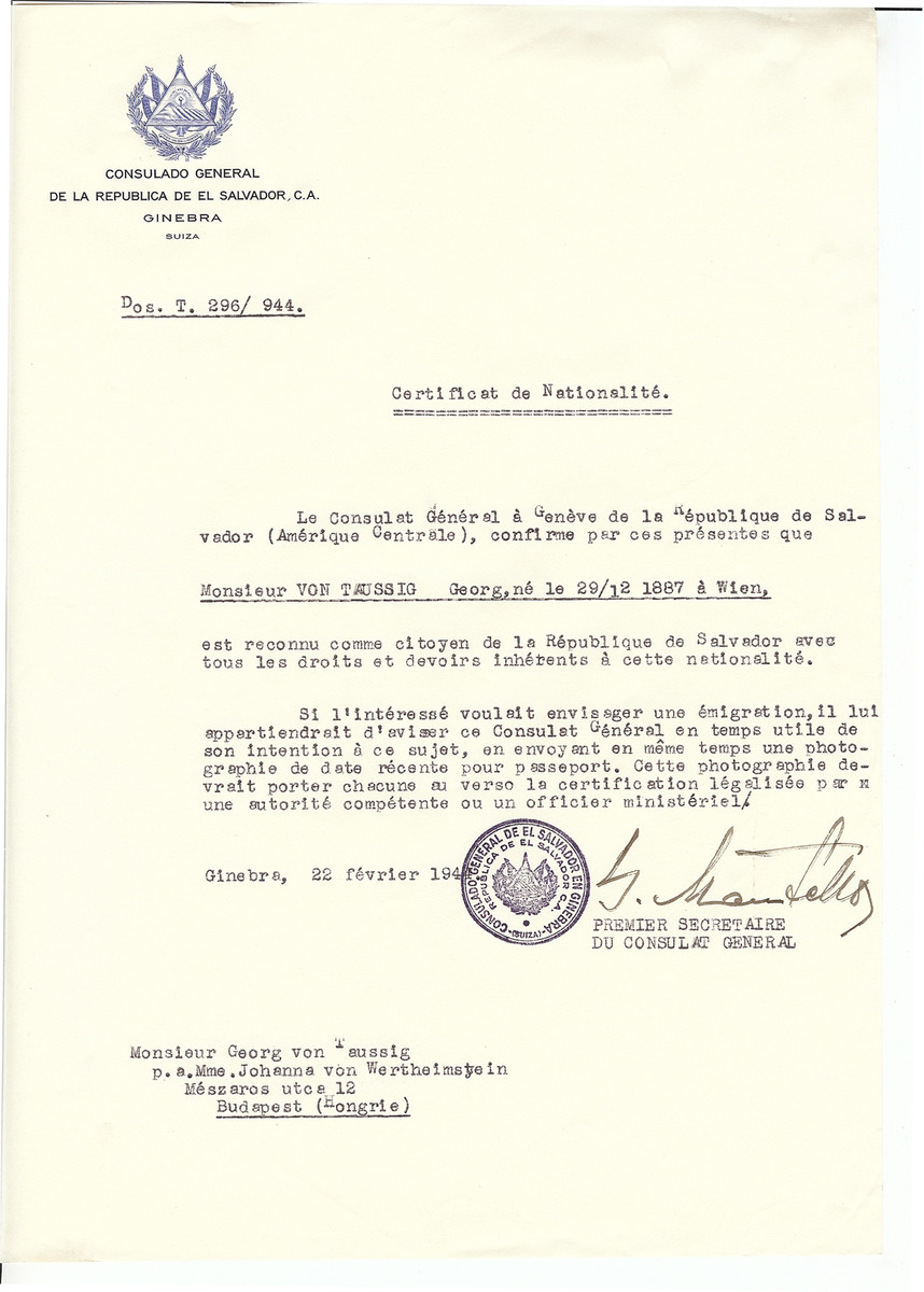 Unauthorized Salvadoran citizenship certificate issued to Georg von Taussig (b. December 29, 1887 in Vienna) by George Mandel-Mantello, First Secretary of the Salvadoran Consulate in Geneva and sent to him in Budapest,