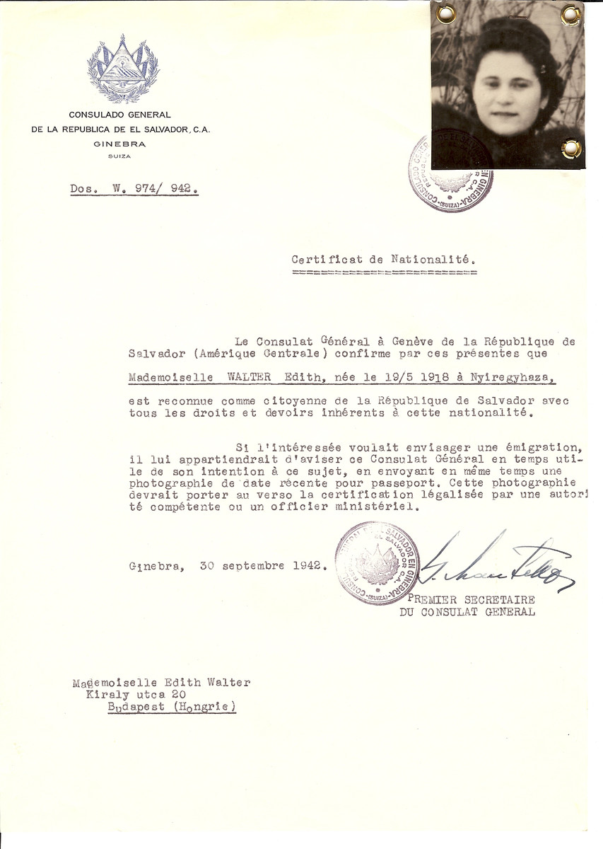 Unauthorized Salvadoran citizenship certificate issued to Edith Walter (b. May 19, 1918 in Nyiregyhaza) by George Mandel-Mantello, First Secretary of the Salvadoran Consulate in Geneva and sent to her in Budapest.