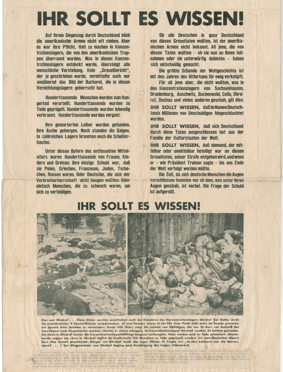 Poster entitled Ihr Sollt es Wissen! [You Should Know About It!] which describes atrocities committed in concentration camps.