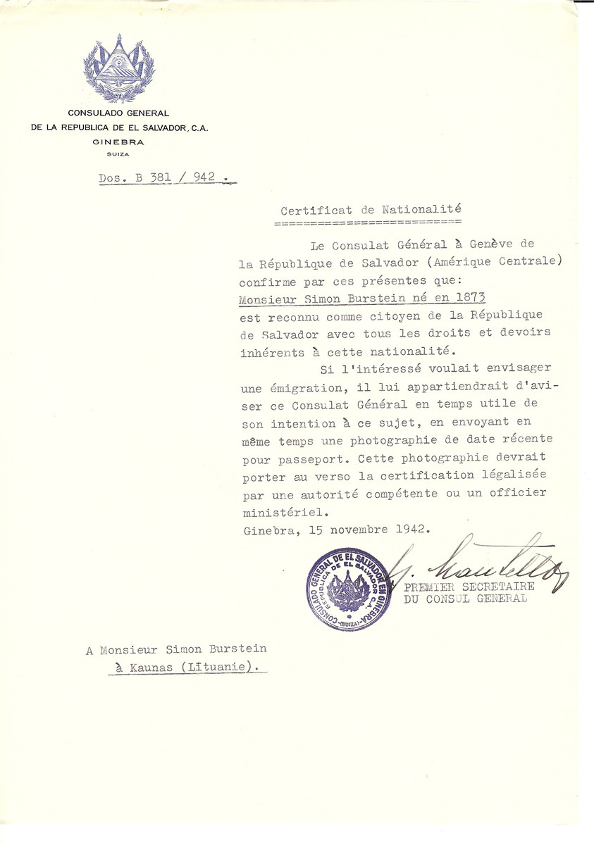 Unauthorized Salvadoran citizenship certificate issued to Simon Burstein (b. 1873) by George Mandel-Mantello, First Secretary of the Salvadoran Consulate in Switzerland and sent to him in Kaunas.