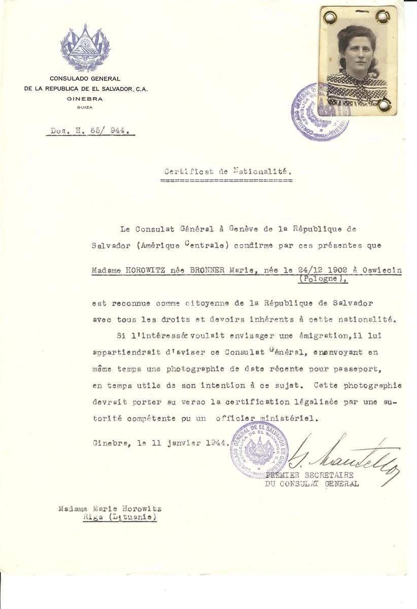 Unauthorized Salvadoran citizenship certificate made out to Marie (nee Bronner) Horowitz (b. December 24, 1902 in Oswiecim by George Mandel-Mantello, First Secretary of the Salvadoran Consulate in Geneva and sent to her in Riga.