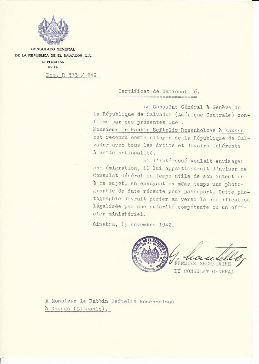 Unauthorized Salvadoran citizenship certificate made out to Rabbi Seftelis Rosenholzas by George Mandel-Mantello. First Secretary of the Salvadoran Consulate in Geneva and sent to them in Ukmerge.