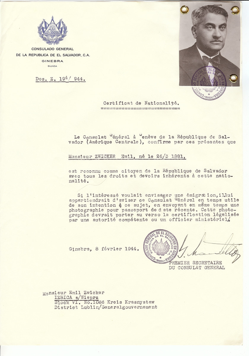 Unauthorized Salvadoran citizenship certificate issued to Emil Zwicker (b. March 26, 1881) by George Mandel-Mantello, First Secretary of the Salvadoran Consulate in Switzerland and sent to him in Izbica.