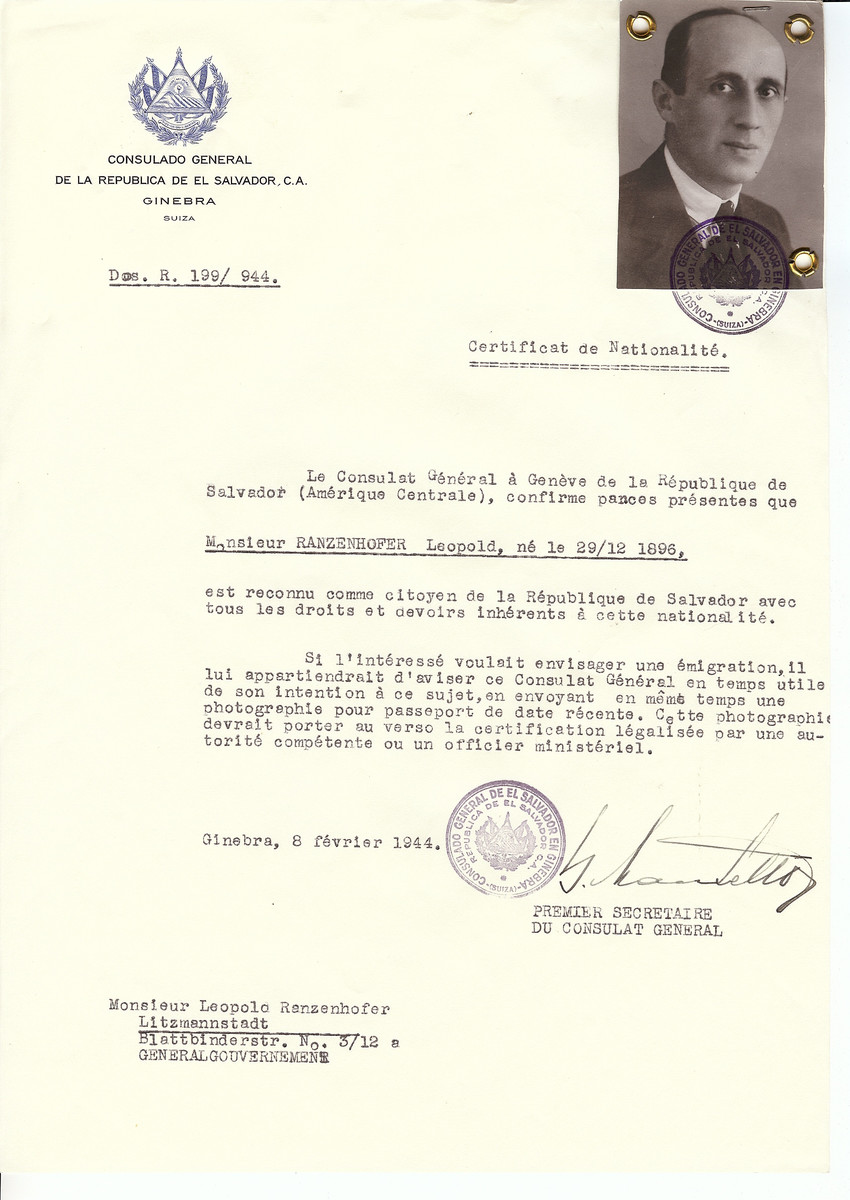 Unauthorized Salvadoran citizenship certificate issued to Leopold Ranzenhofer (b. December 29, 1896) by George Mandel-Mantello, First Secretary of the Salvadoran Consulate in Switzerland and sent to him in Lodz.