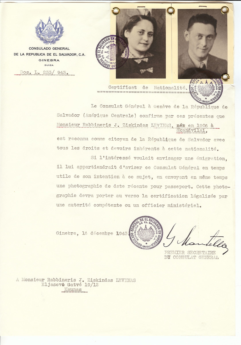 Unauthorized Salvadoran citizenship certificate issued to Rabbi J. Ziskindas Levinas (b. 1906 in Skandvilai) and his wife by George Mandel-Mantello, First Secretary of the Salvadoran Consulate in Switzerland and sent to them in Kaunas.