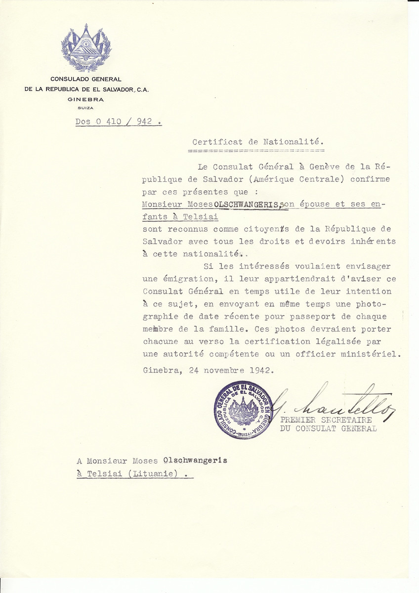 Unauthorized Salvadoran citizenship certificate made out to Moses Olschwangeris, his wife and children by George Mandel-Mantello, First Secretary of the Salvadoran Consulate in Geneva and sent to them in Telsiai.