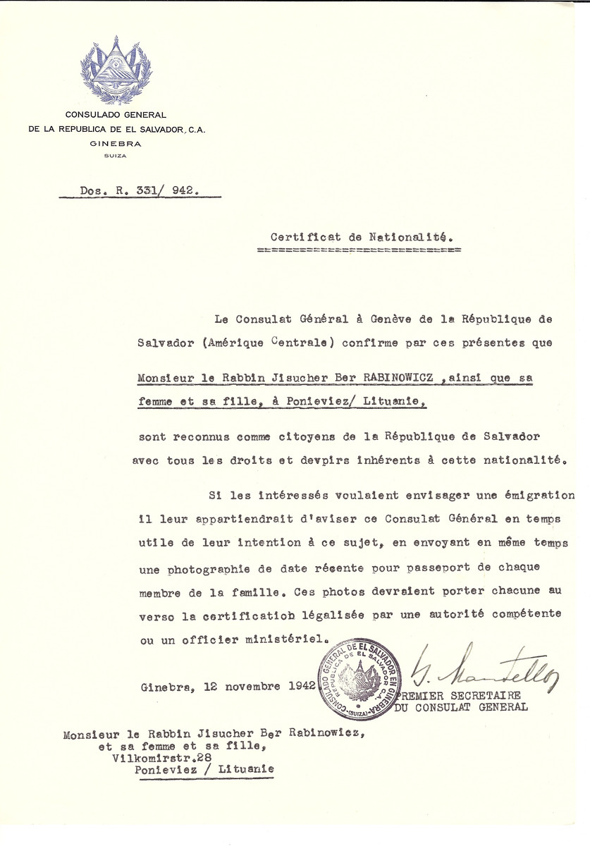 Unauthorized Salvadoran citizenship certificate issued to Rabbi Jisucher ber Rabinowicz and his daughter of Panevezys by George Mandel-Mantello, First Secretary of the Salvadoran Consulate in Switzerland.