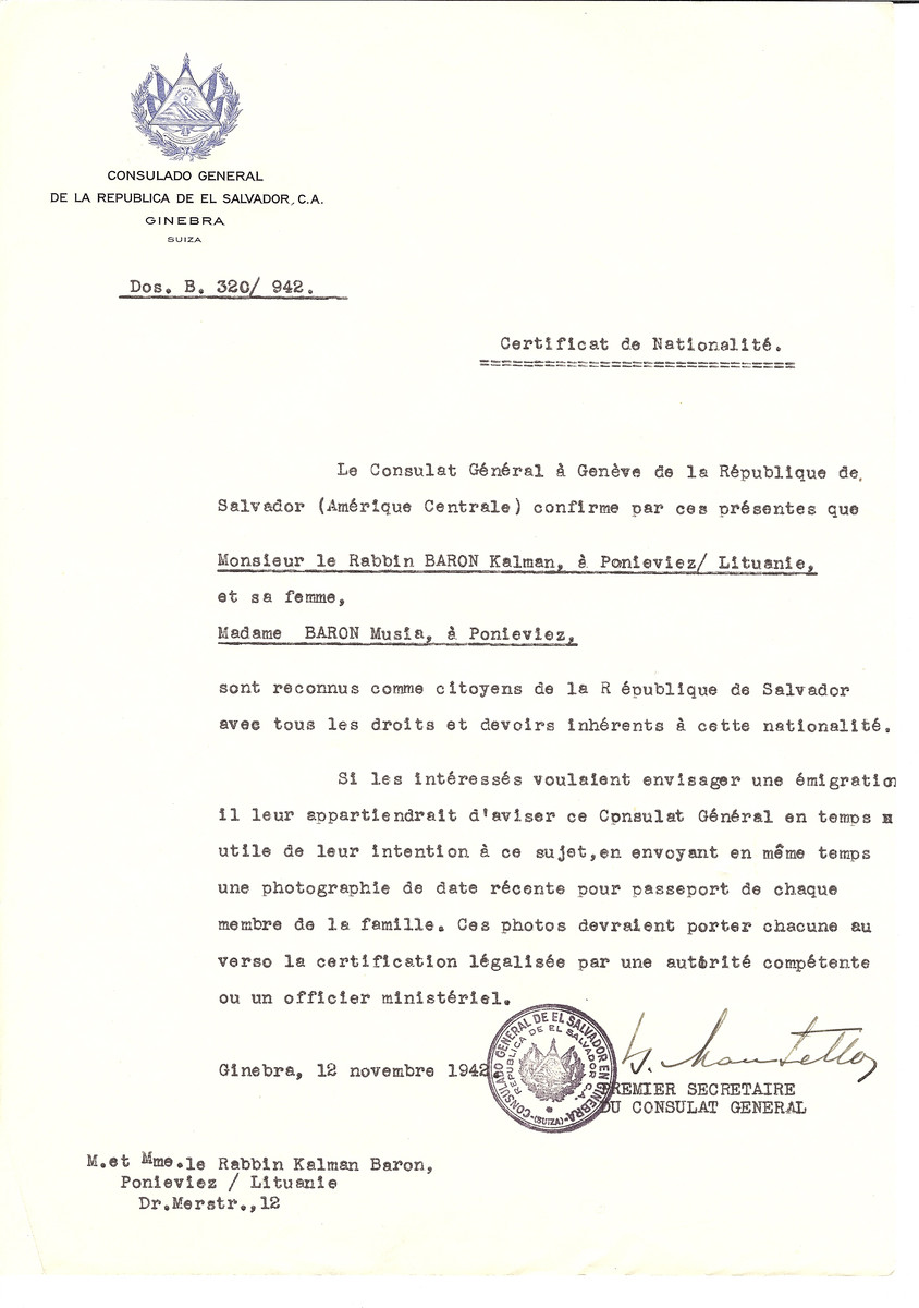 Unauthorized Salvadoran citizenship certificate issued to Rabbi Kalman Baron and his wife Musia Baron of Panevezys by George Mandel-Mantello, First Secretary of the Salvadoran Consulate in Switzerland.
