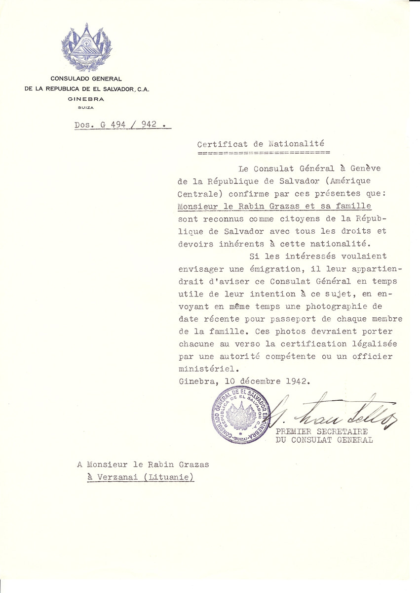 Unauthorized Salvadoran citizenship certificate issued to Rabbi Graza and his family by George Mandel-Mantello, First Secretary of the Salvadoran Consulate in Switzerland and sent to him in Verzanai.