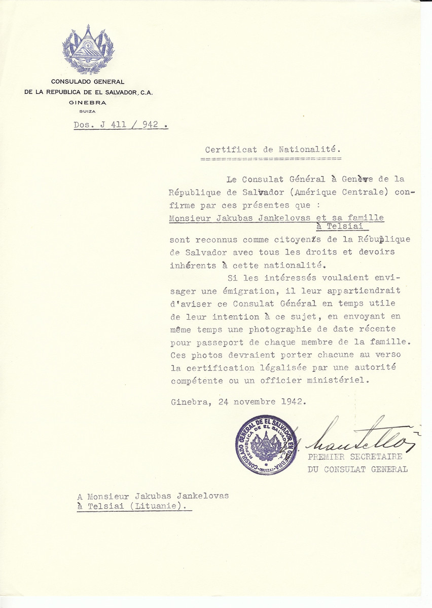 Unauthorized Salvadoran citizenship certificate made out to Jakubas Jankelovas and his family by George Mandel-Mantello, First Secretary of the Salvadoran Consulate in Geneva and sent to them in Telsiai.