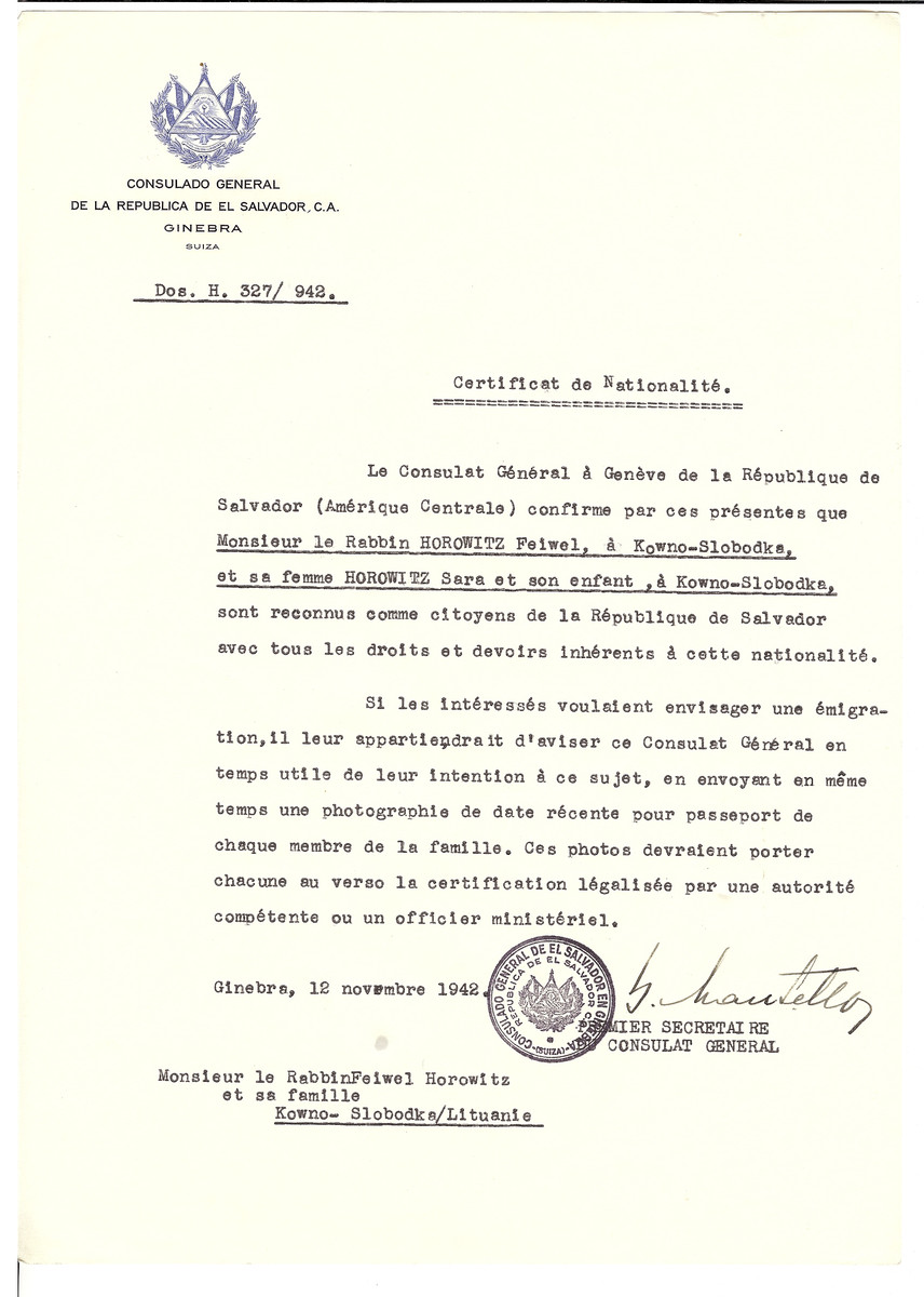 Unauthorized Salvadoran citizenship certificate issued to Rabbi Feiwel Horowitz from Kowno-Slobodka, his wife Sara and child by George Mandel-Mantello, First Secretary of the Salvadoran Consulate in Switzerland.