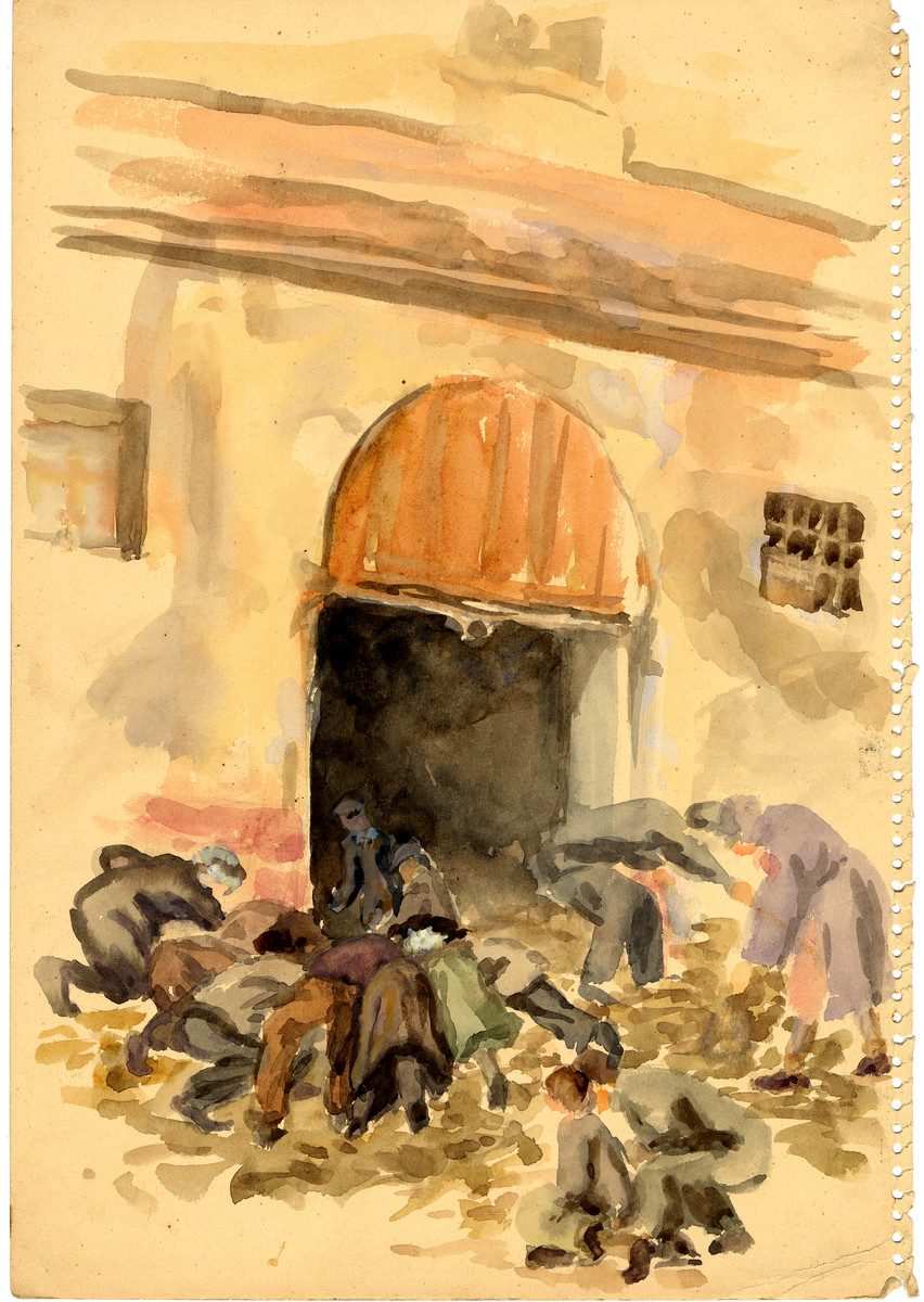 A watercolor painting on paper created by Zdenka Eismannova while she was interned in Theresienstadt depicting inmates either rummaging or clearning up the grounds outside a building in the camp.