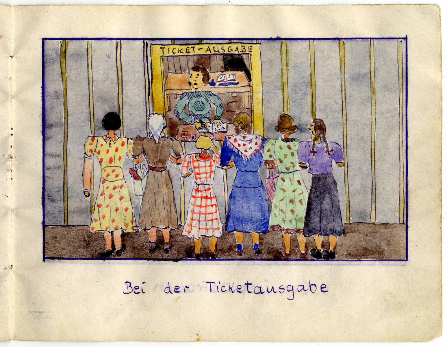 Page from the memoirs of Camp de Gurs illustrated by Eva Liebhold.

This page is entitled "Distributing tickets."