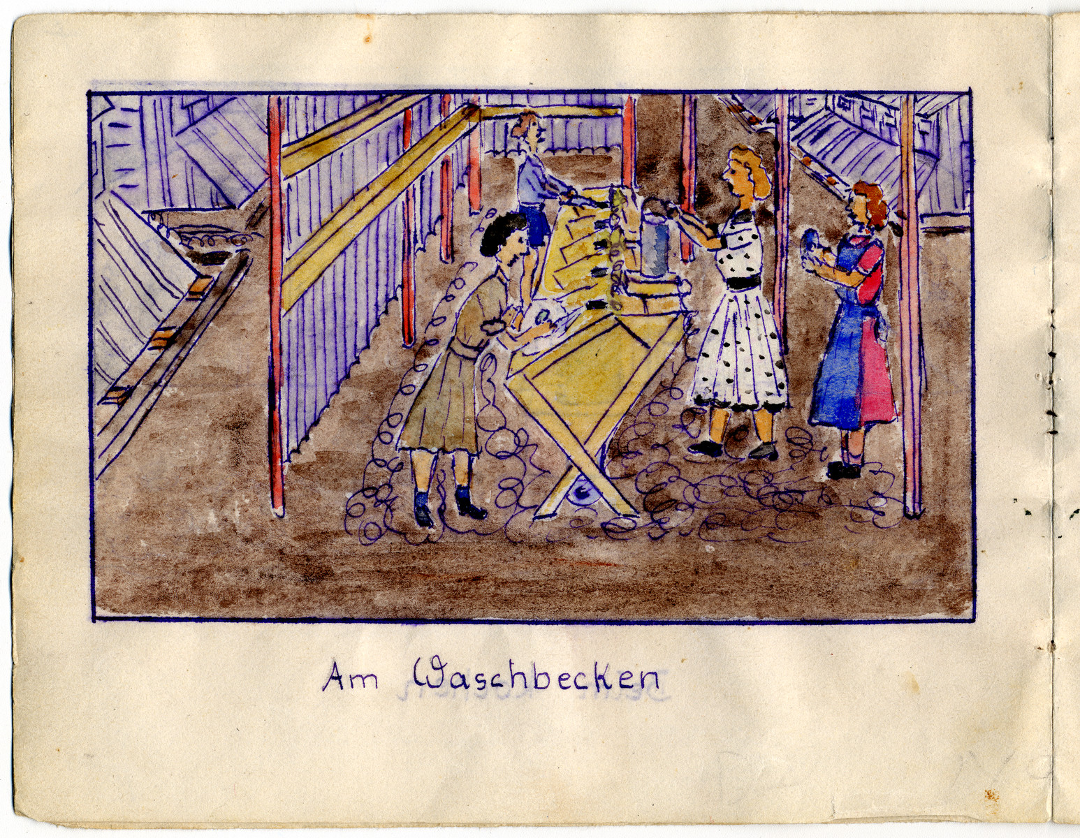 Page from the memoirs of Camp de Gurs illustrated by Eva Liebhold.

This page is entitled "The sink" shows four women standing by a row of basins doing dishes.
