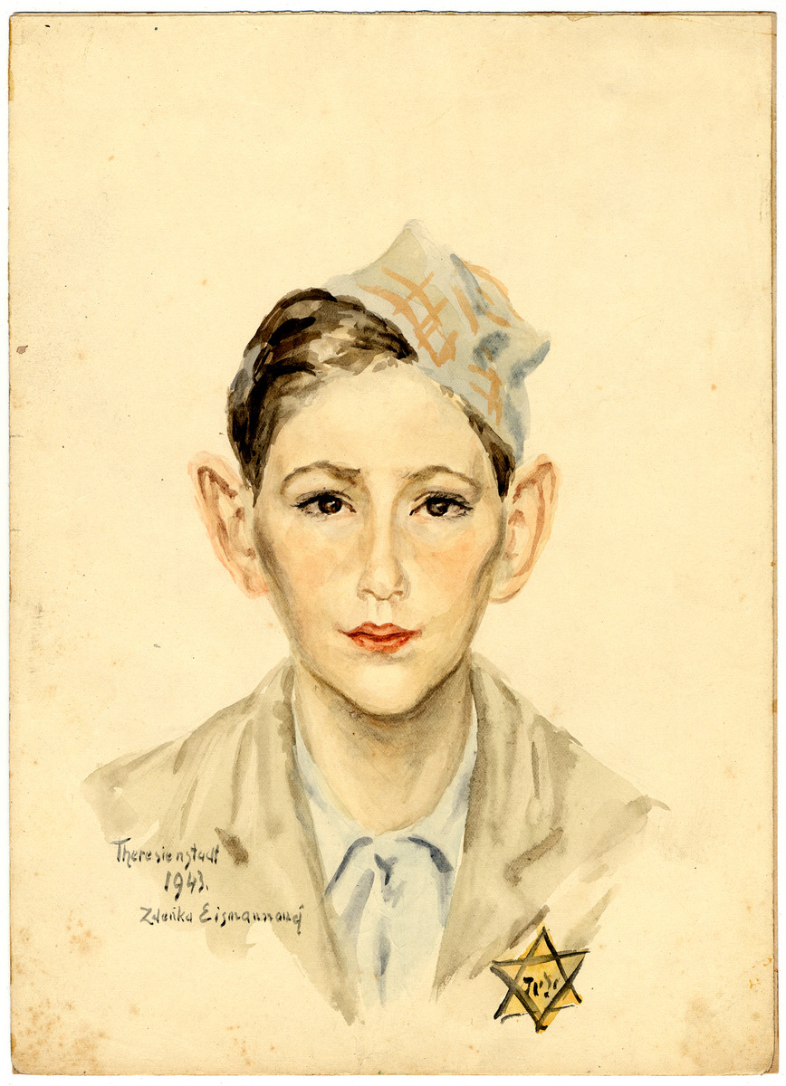 A watercolor painting on paper created by Zdenka Eismannova while she was interned in Theresienstadt depicting a young boy wearing a cap and a Jewish star.