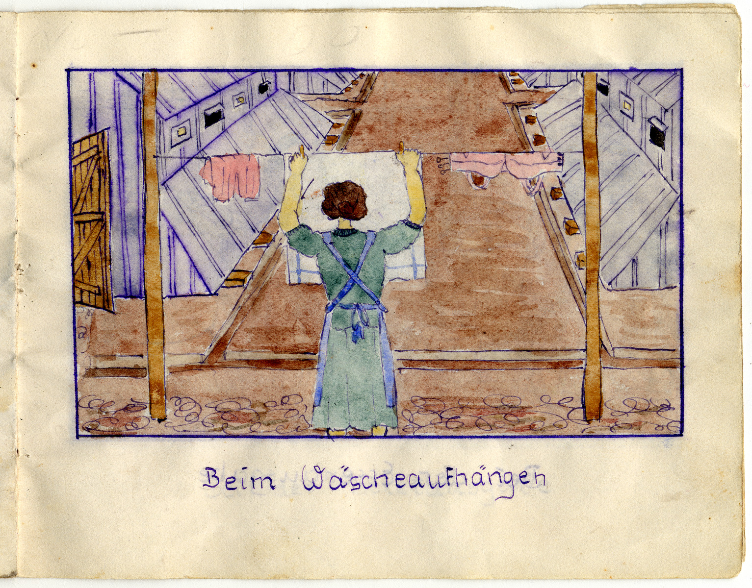 Page from the memoirs of Camp de Gurs illustrated by Eva Liebhold.

This page is entitled "Hanging up the wash".