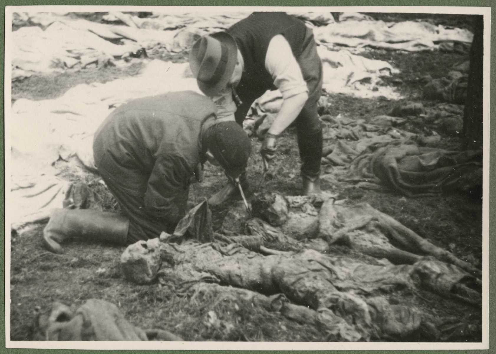 Under the supervision of British troops, German civilians and Nazi officials exhume the corpses of 243 slave laborers for proper reburial.  The victims were shot by their guards on the railway lines at Lueneburg on the way to the Belsen Camp.  

The original caption reads: The odor of the exhaust from the truck seems mild by comparison."